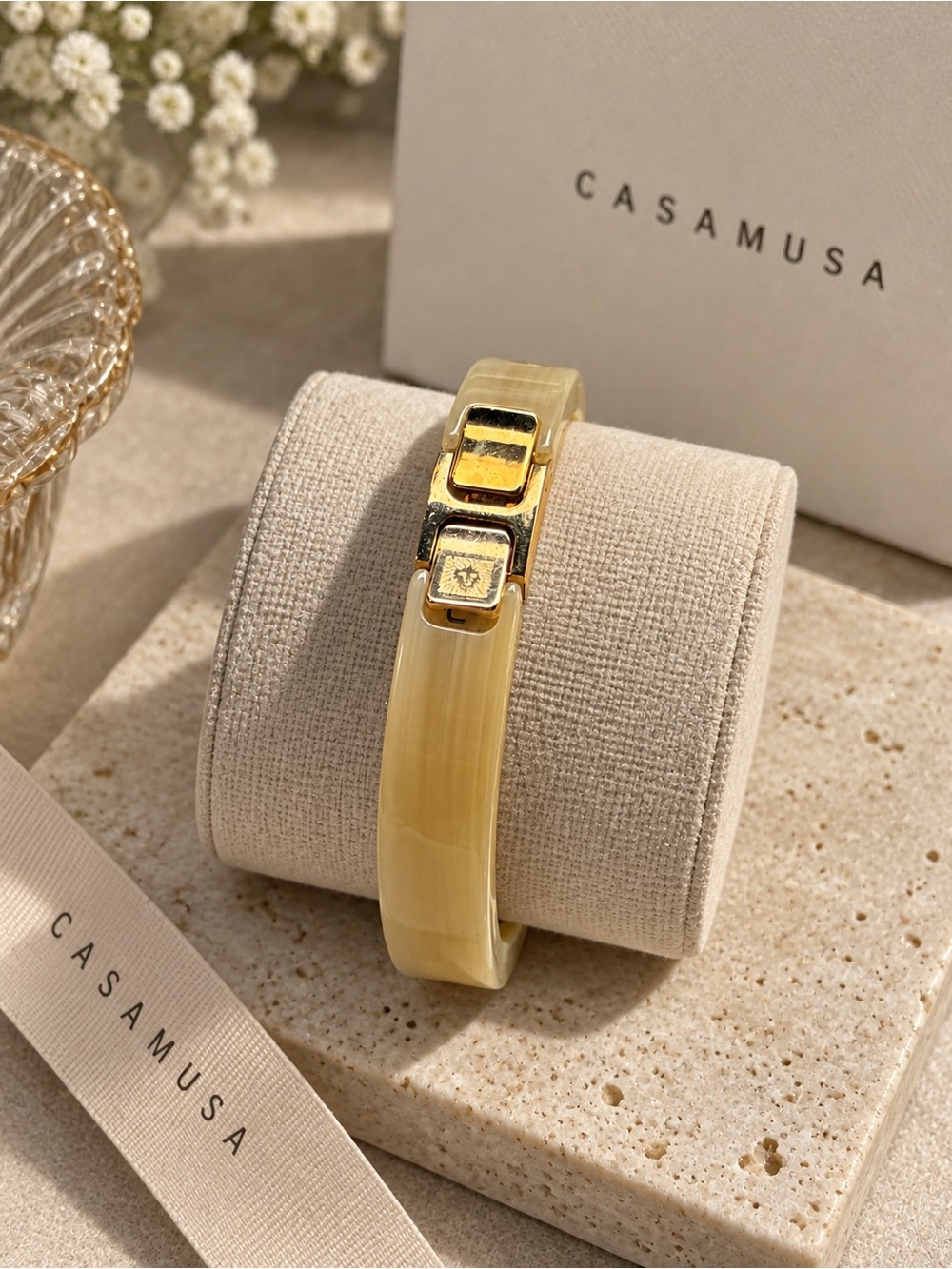 Anne Klein vintage Yellow Resin and Gold-Plate Hinged Bracelet